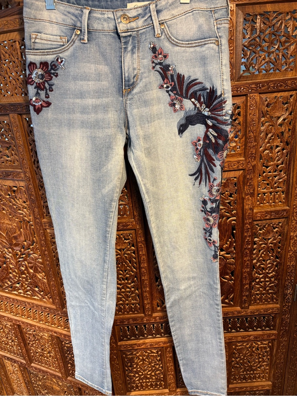 Jessica Simpson Light Wash Skinny Jeans with Red & Navy Embroidery